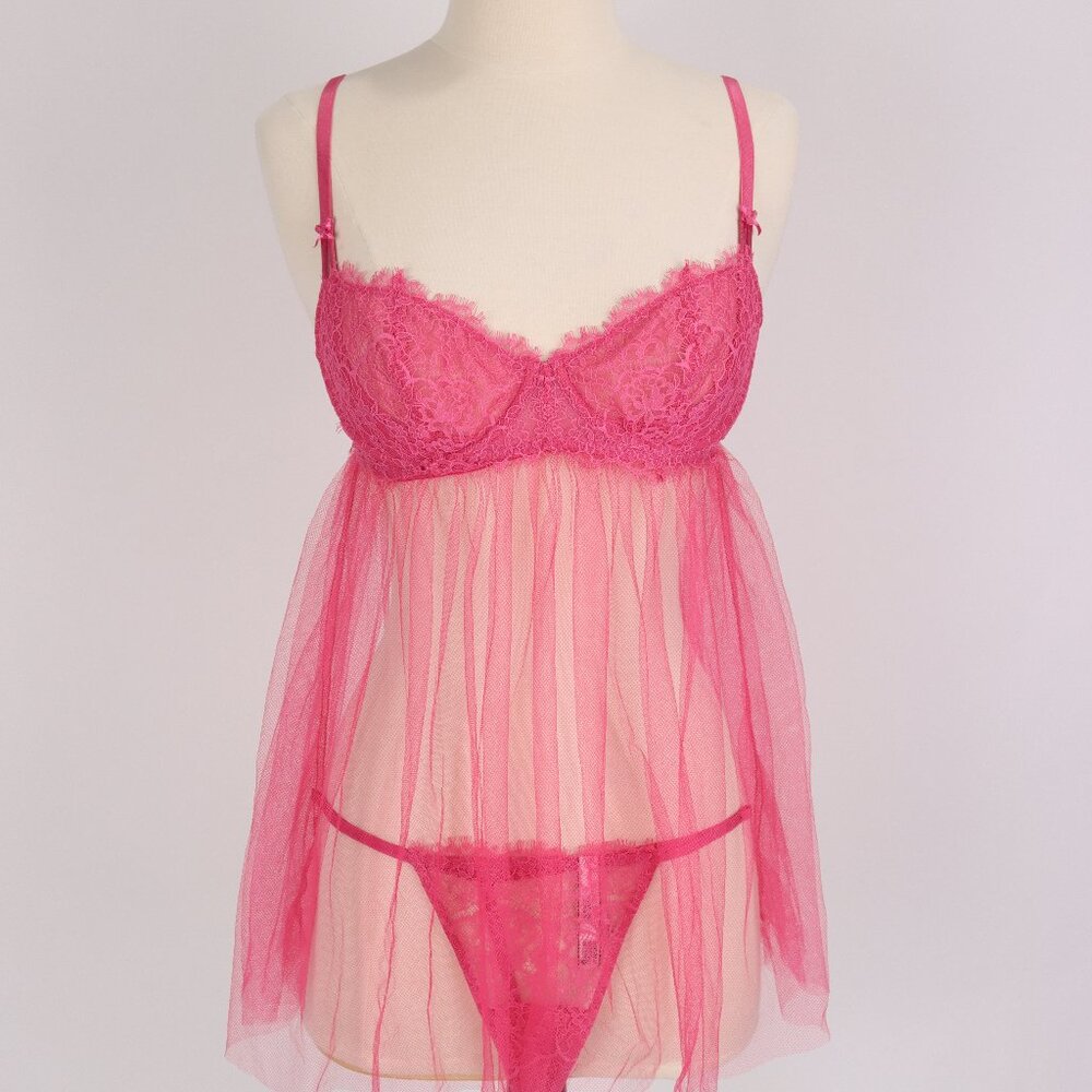 Victoria's Secret NWOT Pink Babydoll Nightgown Pantie Lingerie Negligee Tulle M